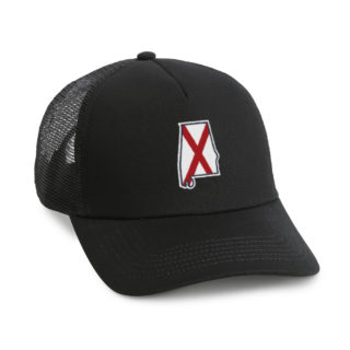 black mesh back trucker cap with Alabama state shape embroidery