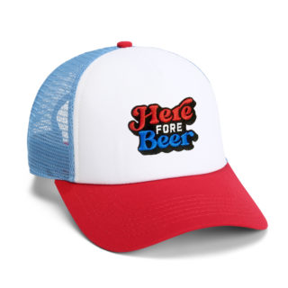 red white and blue mesh back trucker cap with slackertide here fore beer embroidery