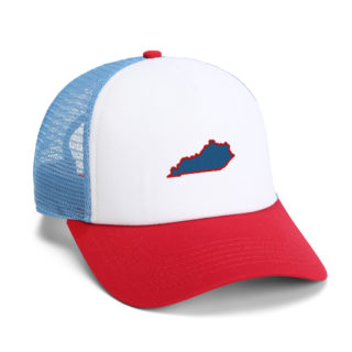 red white and blue mesh back trucker cap with kentucky state shape embroidery