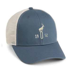 blue and stone mesh back cap with off white goat hill golf club embroidery
