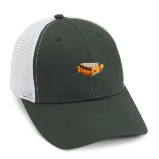 dark green and white mesh back cap with pimento and cheese embroidery