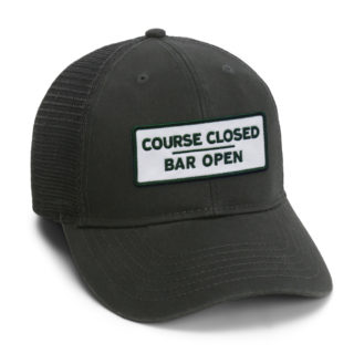 black garment washed mesh back cap with course closed bar open patch