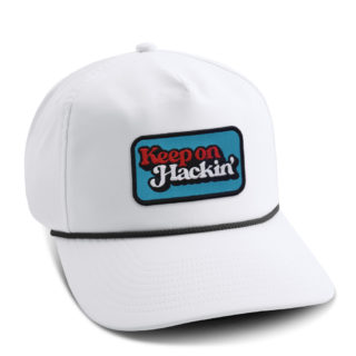 white retro fit performance cap with back rope and slackertide keep on hackin' patch