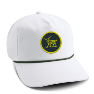 white retro fit performance cap with green rope and slackertide goat patch in green and gold