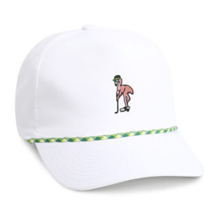 white performance cap with green and gold rope featuring flamingo with a hat embroidery