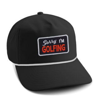 black retro fit performance cap with white rope and slackertide sorry i'm golfing patch