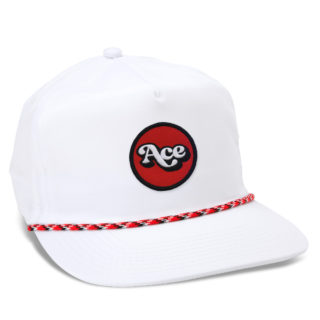 white retro fit cap with red black and white rope and slacketide ace patch