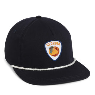 navy and white flat bill rope cap with georgia peach patch