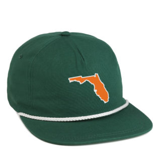 dark green and white flat bill rope cap with florida state shape embroidery