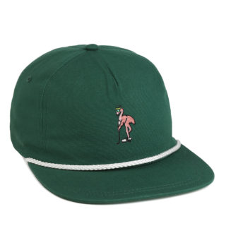 dark green and white rope cap with woven rope featuring flamingo with a hat embroidery