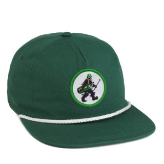 green flatbill cap with white woven rope around the base of the front featuring a slackertide enjoy the walk patch in green and gold
