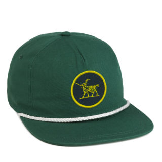 green flatbill cap with white woven rope around the base of the front featuring a slackertide goat patch in green and gold