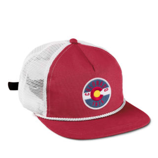 red and white flat bill mesh back rope cap with colorado flag circle patch