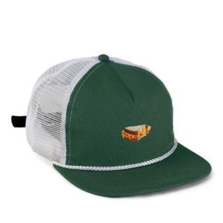 dark green and white meshback rope cap with woven rope and pimento and cheese embroidery