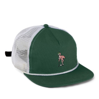 dark green and white meshback rope cap with woven rope featuring flamingo with a hat embroidery