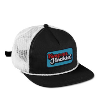 black and white mesh back rope cap with slackertide keep on hackin' patch