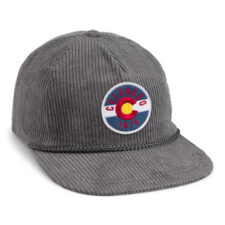 grey corduroy flat bill rope cap with colorado flag circle patch