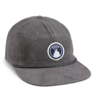 gray corduroy flat bill rope cap with goat hill golf course patch