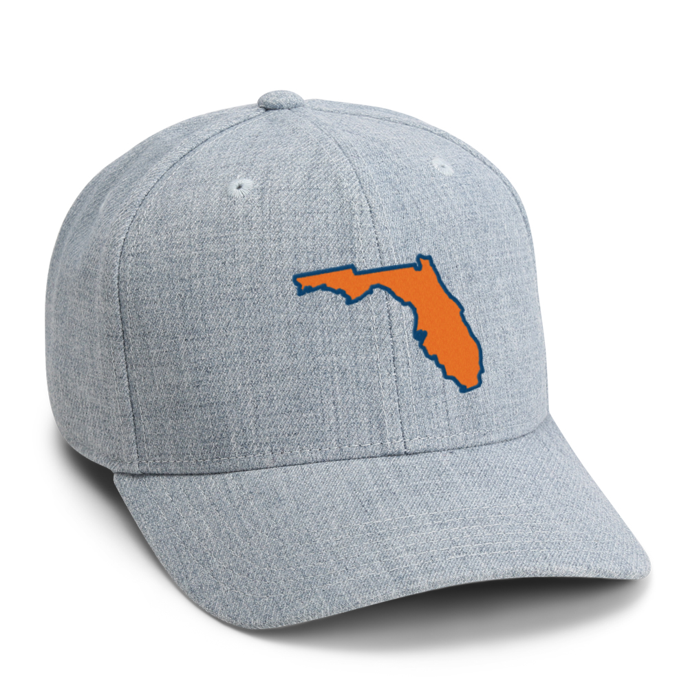 heathered blue high crown cap with florida state shape embroidery