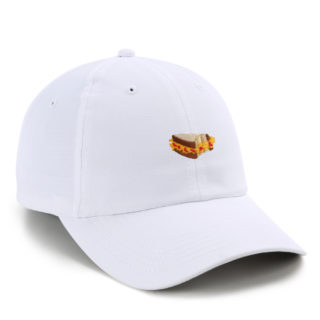 white performance cap with pimento and cheese embroidery