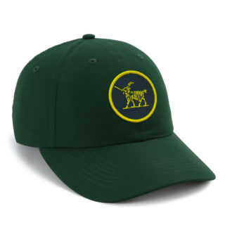 dark green performance cap with slackertide goat patch in green and gold
