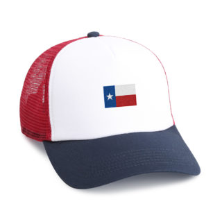 red white and blue meshback trucker cap with texas flag embroidery