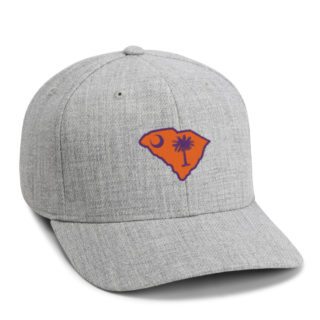heathered grey high crown cap featuring south carolina state shape embroidery with flag fill