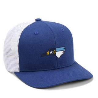 royal blue high crown cap with white mesh and north carolina state shape embroidery