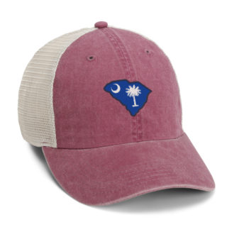 red cap with stone mesh featuring south carolina state shape embroidery with flag fill