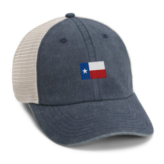 navy and stone meshback cap with texas flag embroidery