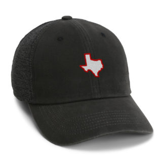 black cotton twill adjustable mesh with soft heathered mesh and red and white texas embroidery