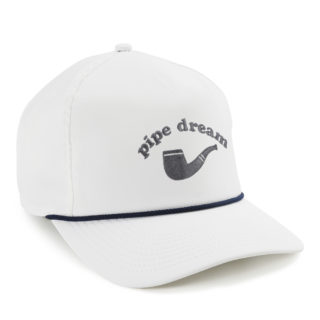 white performance cap with navy woven rope and pipe dream embroidery
