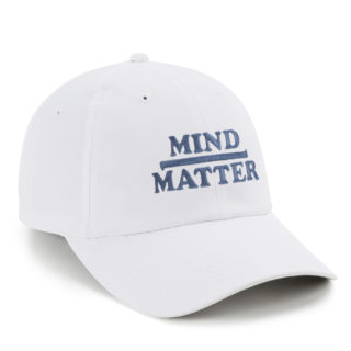 white performance cap with mind over matter embroidery